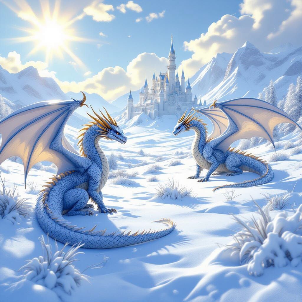 Dragons Fly Over Snowy Meadow with Distant Winter Palace