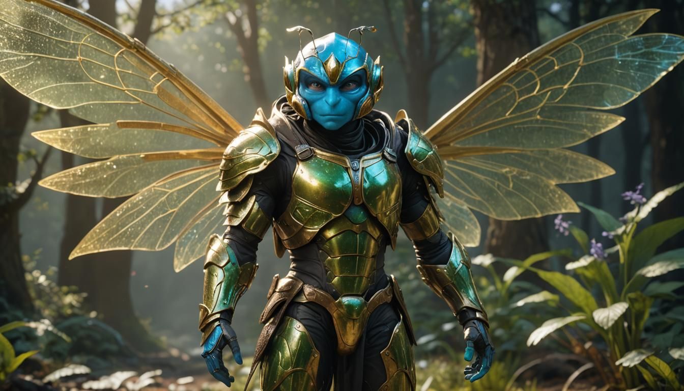 Ethereal Smurf Warrior in Shimmering Armor and Dragonfly Win...