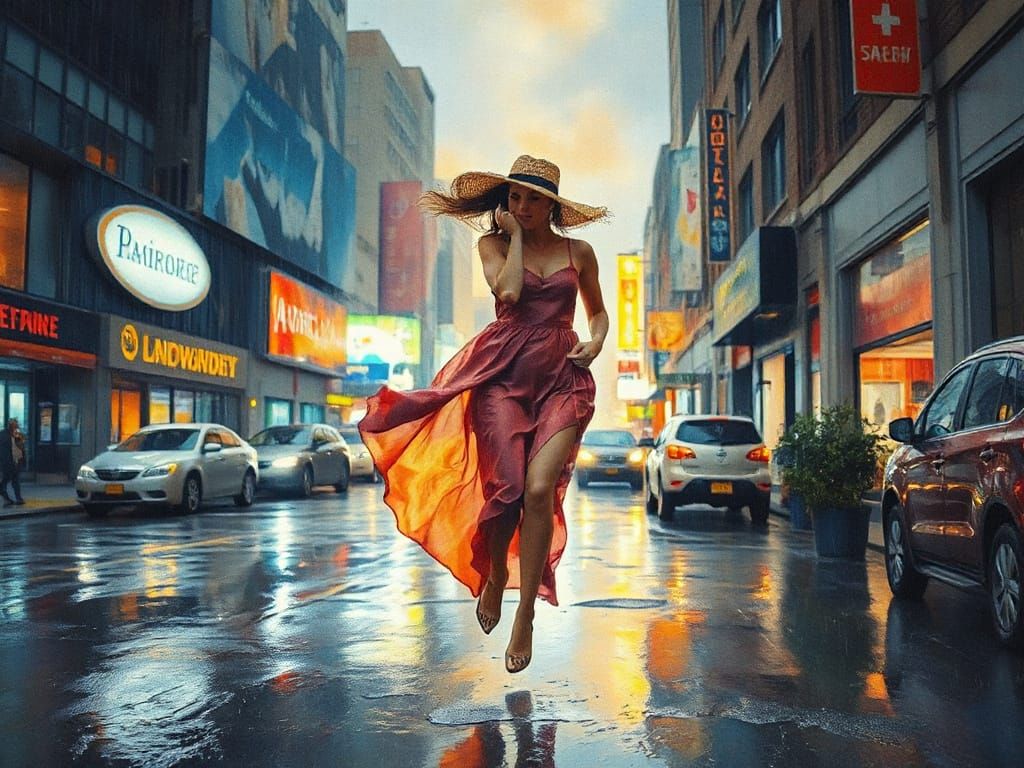 Elegant Woman Dances in the Rain, Watercolor Style