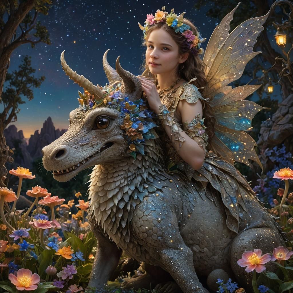 Enchanted Fairy Hugging Alebrije in Parrish Style