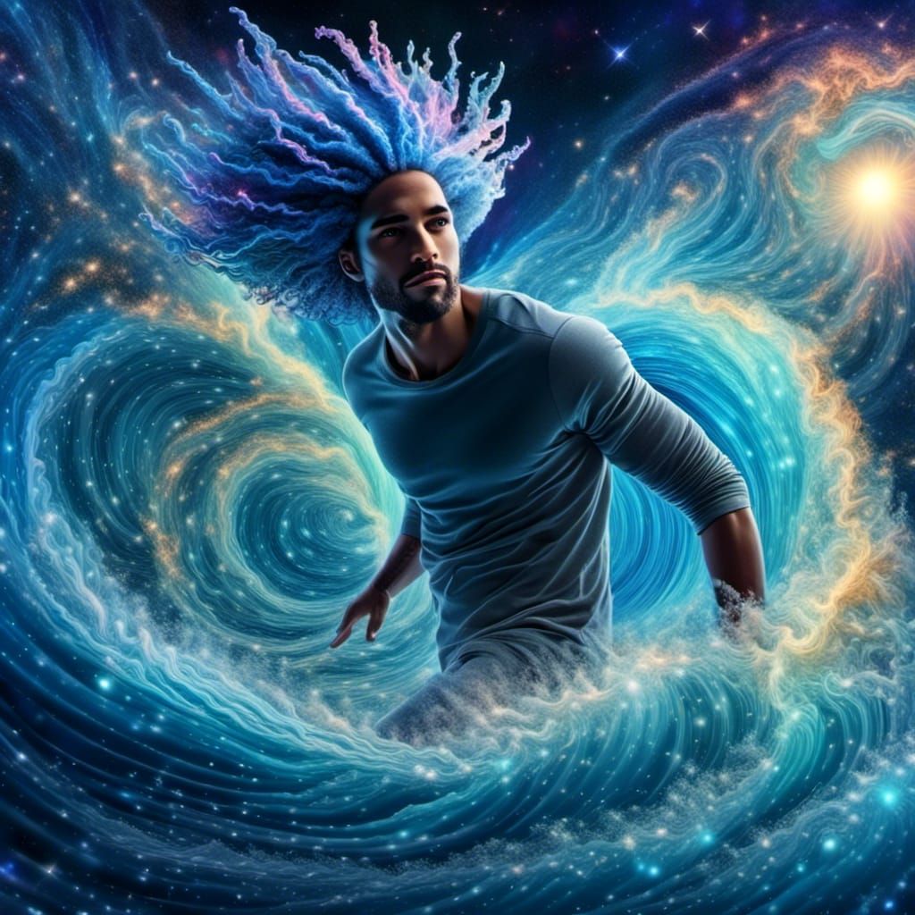 Blue-Haired Man Walks on Water: Splash Art