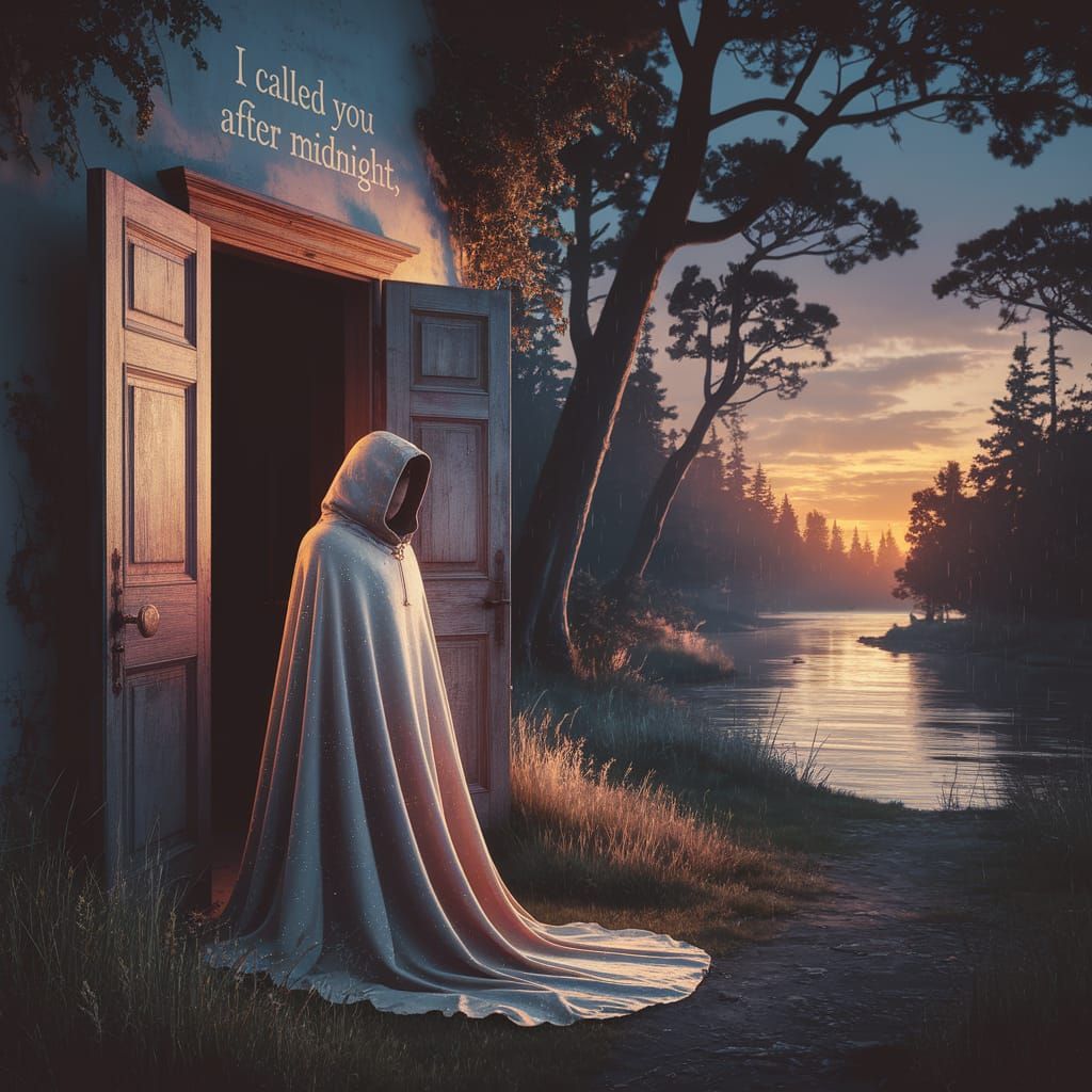 Enchanting Twilight Scene with Cloaked Figure