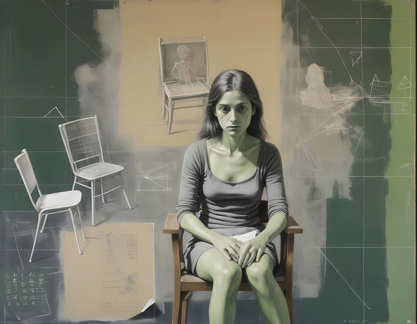 Grayscale Drawing of Woman with Chalkboard Background