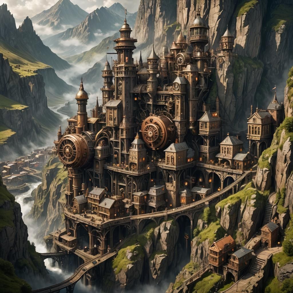 Steampunk City Carved into Mountain