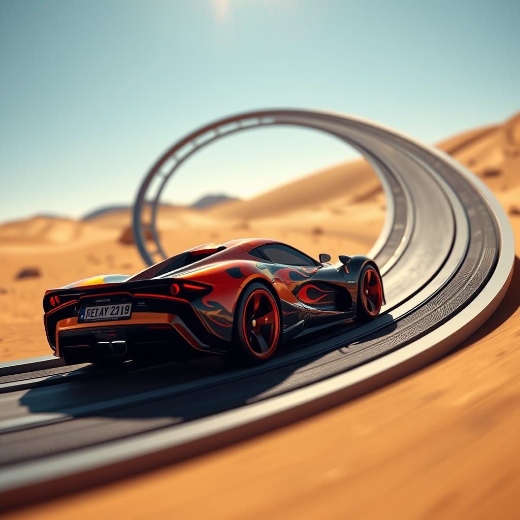 Flame Supercar on Desert Hot Wheels Track