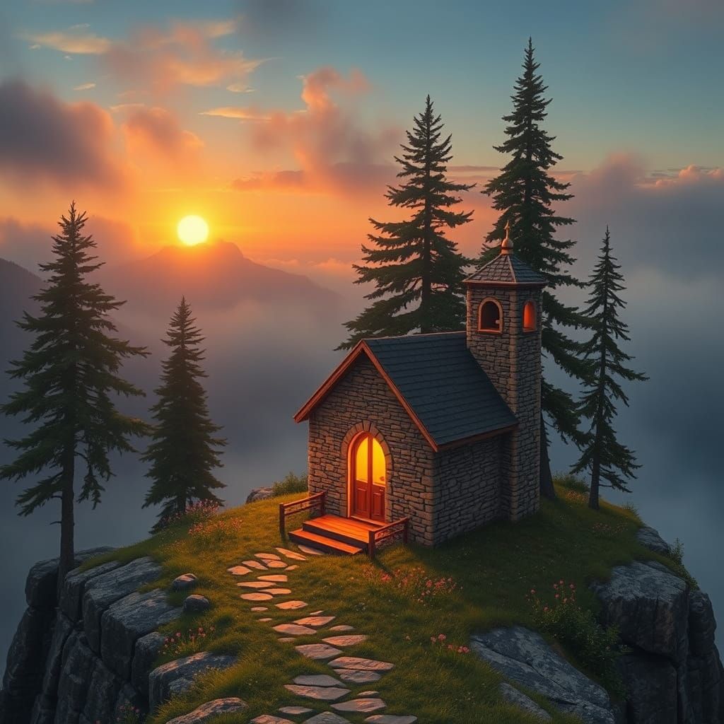 Whimsical Mountain Chapel at Twilight