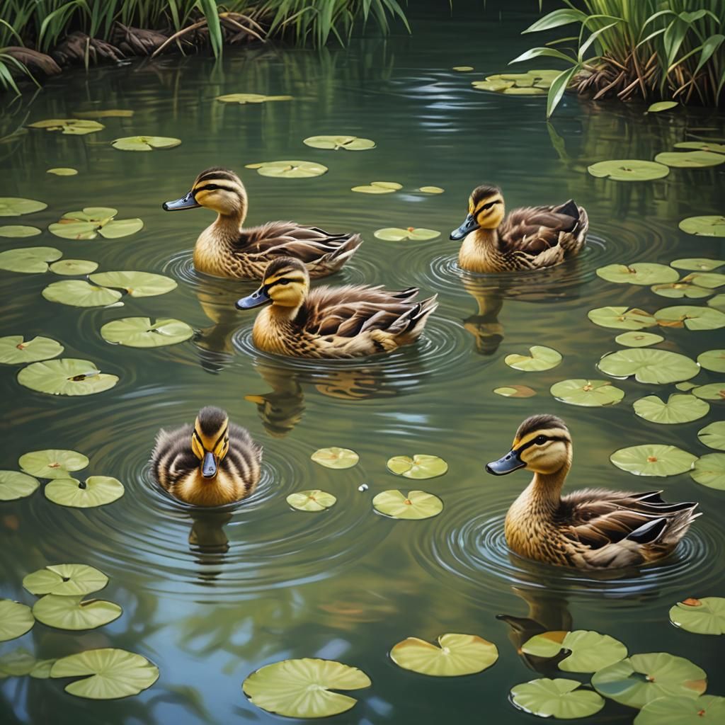 Ducks and Ducklings in Serene Pond: Splash Art