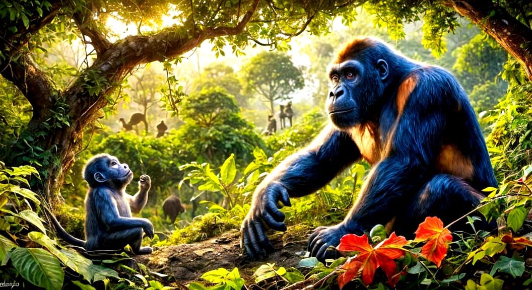 Monkeys and Gorilla in a Vibrant Forest Scene
