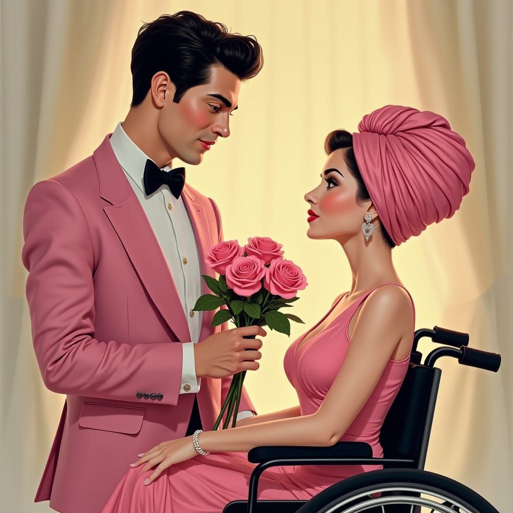 Glamorous Man Presents Roses in Hollywood Portrait Style