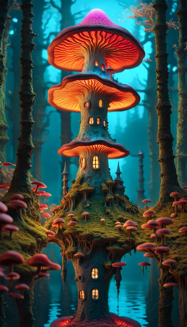Enchanted Fungi Tower in Bioluminescent Forest