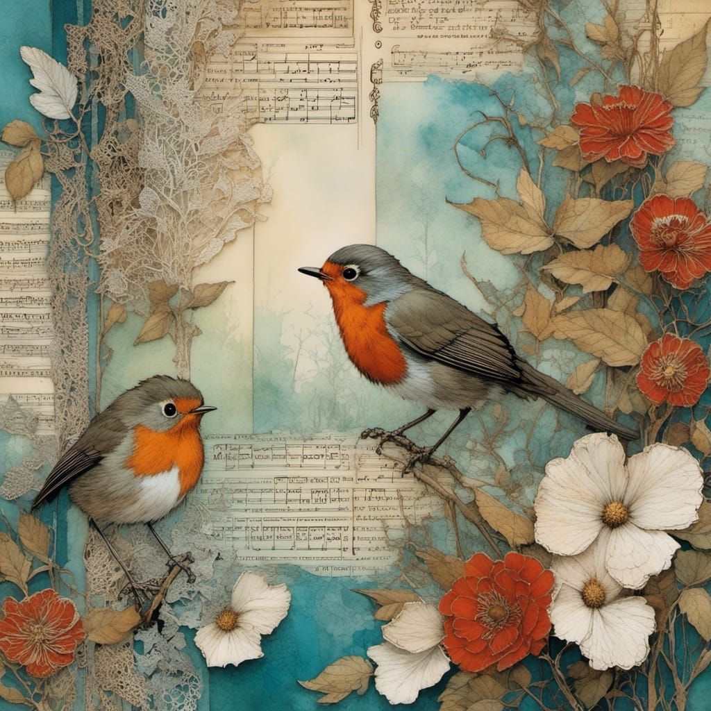Robin as Mixed Media Paper Collage Painting