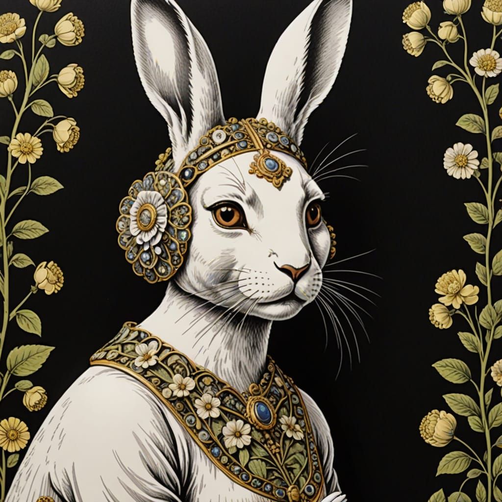 Elegant Fornasetti-Inspired Lady Rabbit in Whimsical Art