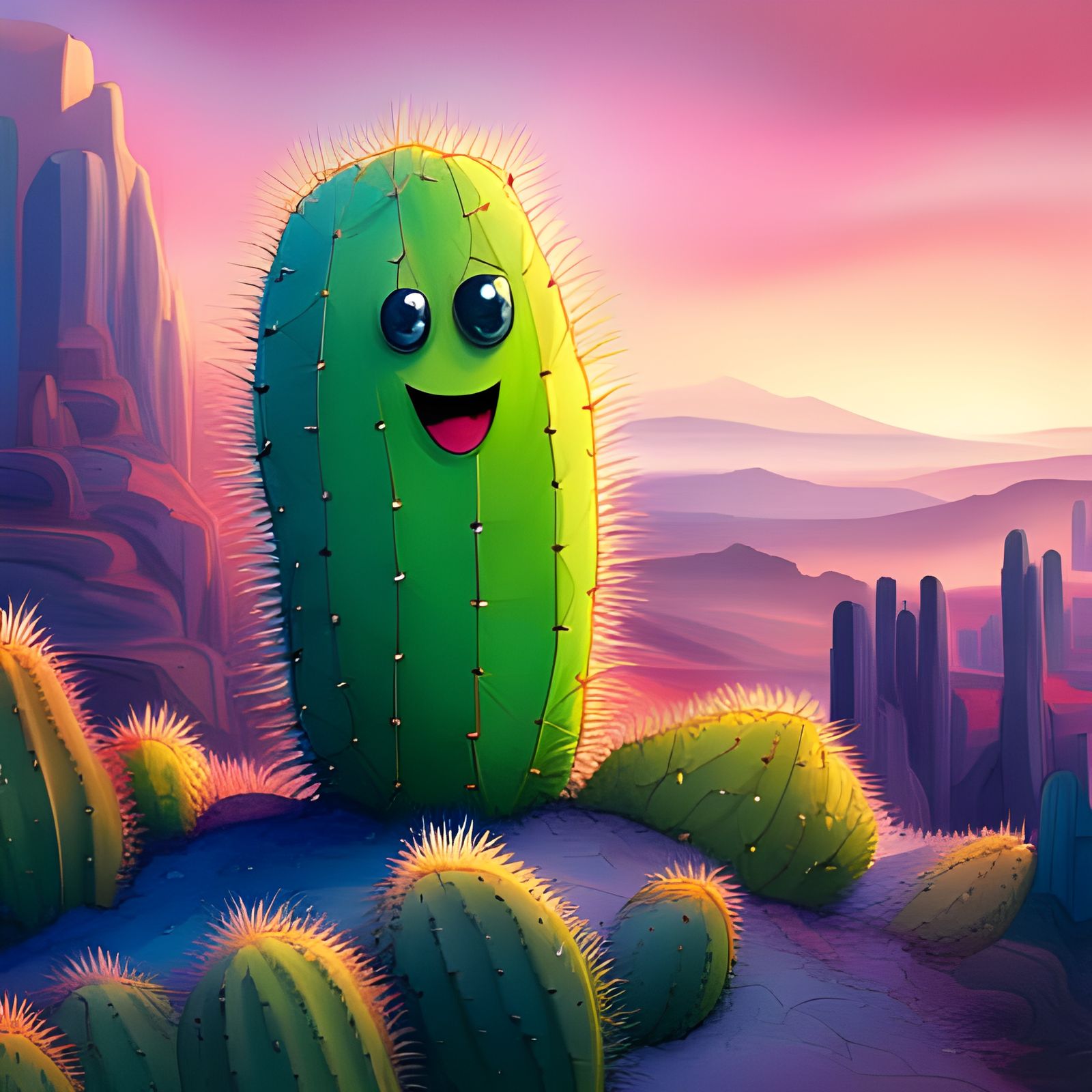 Smiling Cactus with Big Eyes: Detailed Matte Painting