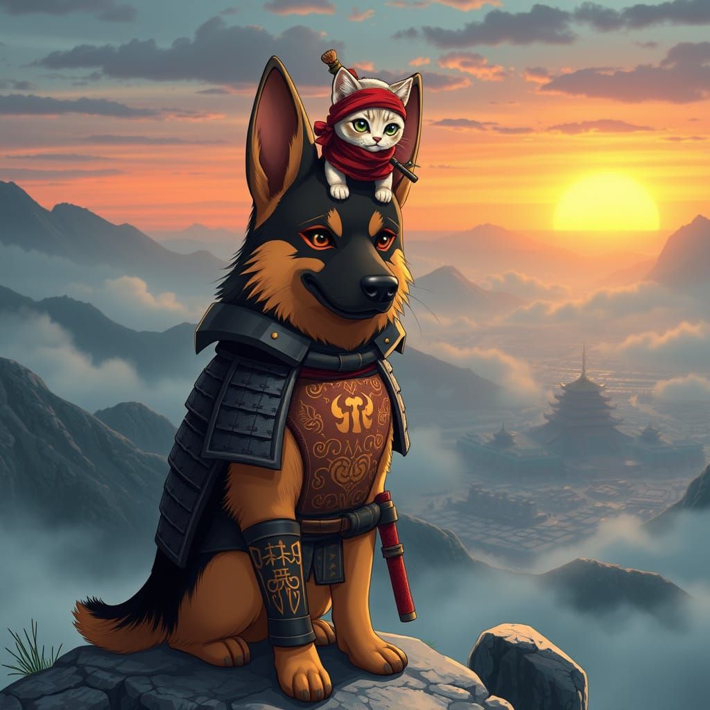 Anime-Style German Shepherd Samurai with Battle-Ready Kitten...