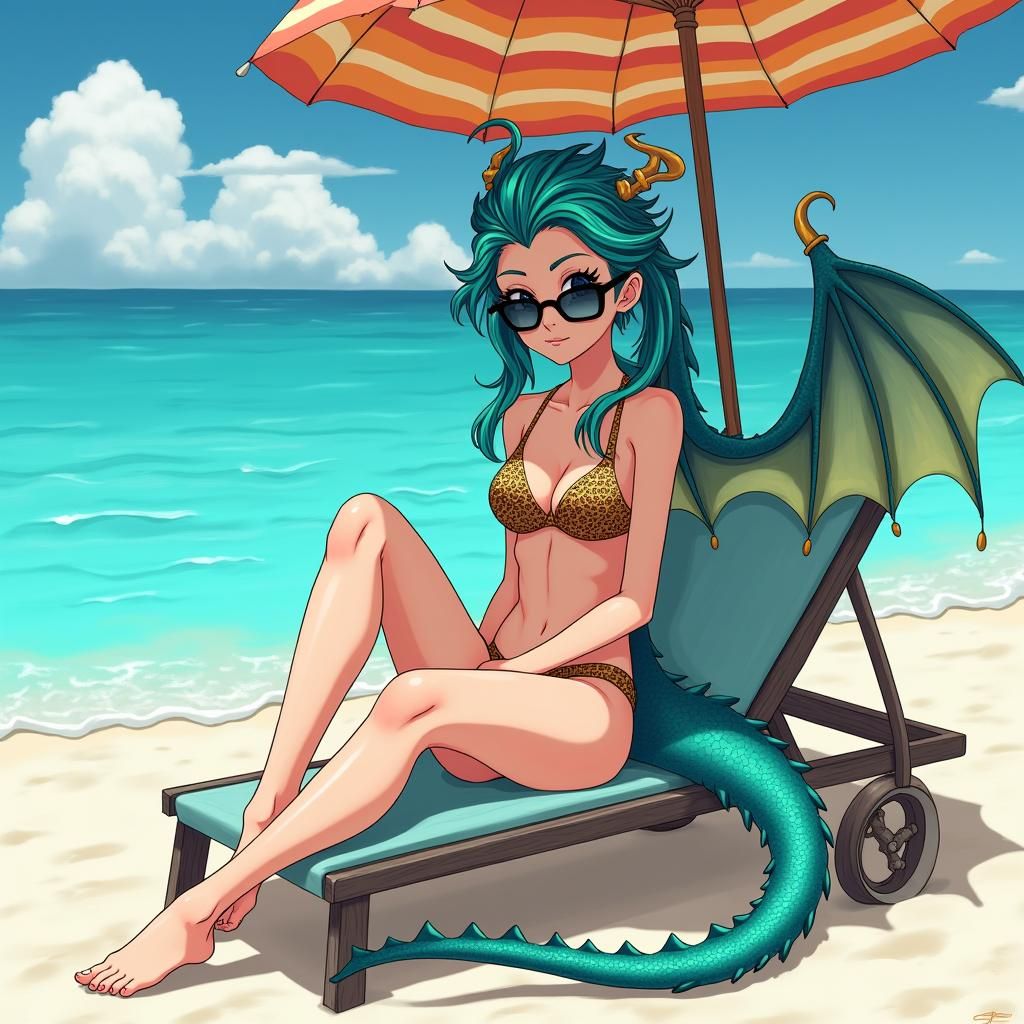Dragon Woman on Tropical Beach in Anime Style