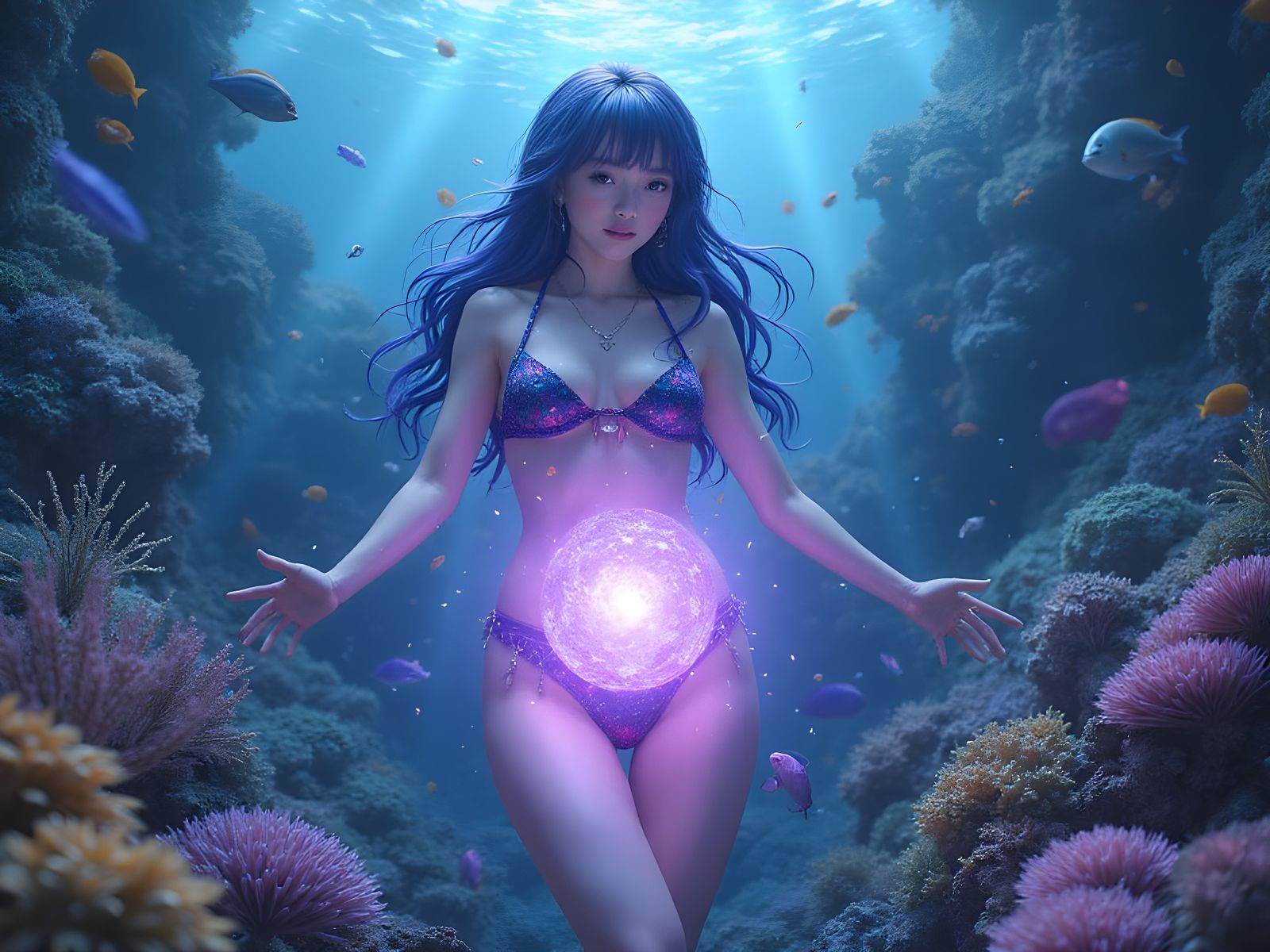 Woman Swims Near Glowing Orb: 3D Anime Art