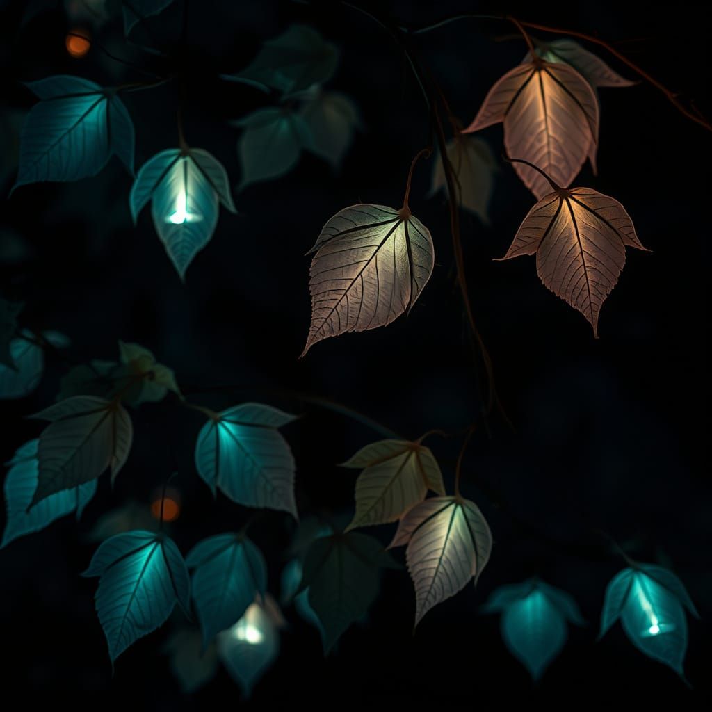 Ethereal Leaves Glow with Soft Fluorescence in the Dark Nigh...