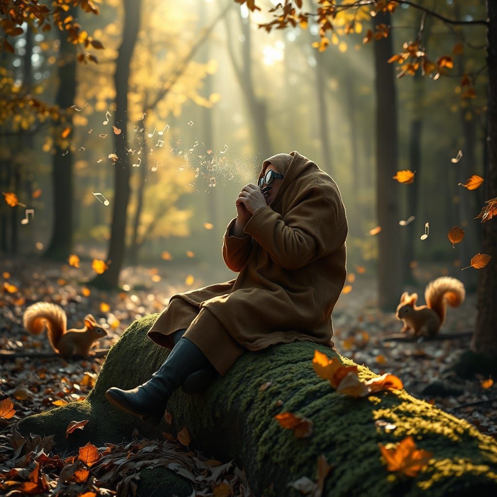 Lone Musician in Autumn Forest, Cinematic Style