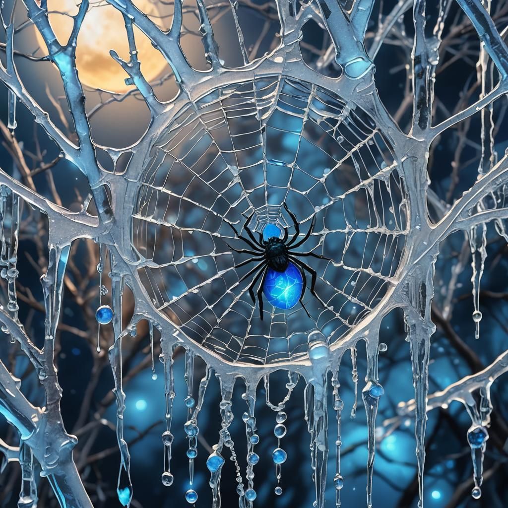 Luminous Blue Web with Spider and Moon