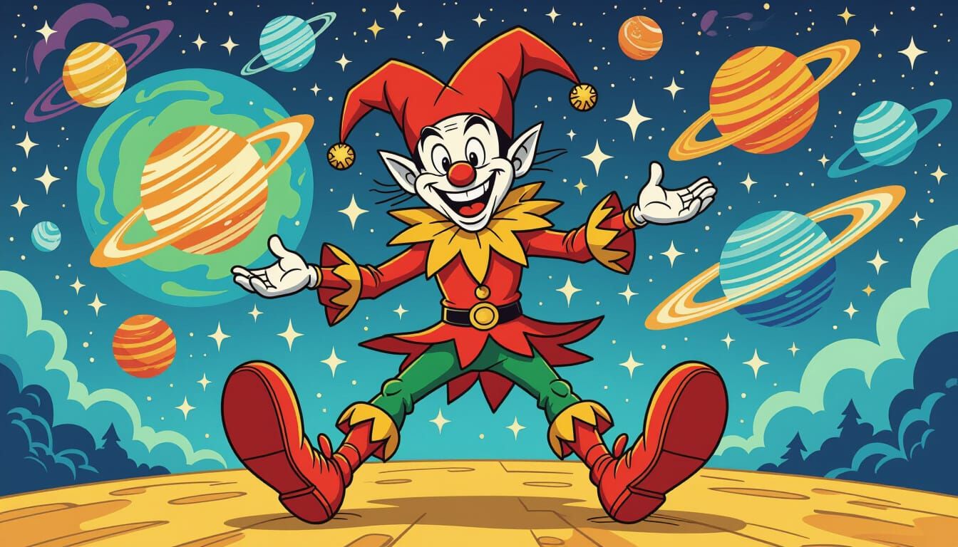 Cosmic Jester Juggles Planets in Dark Fantasy Style