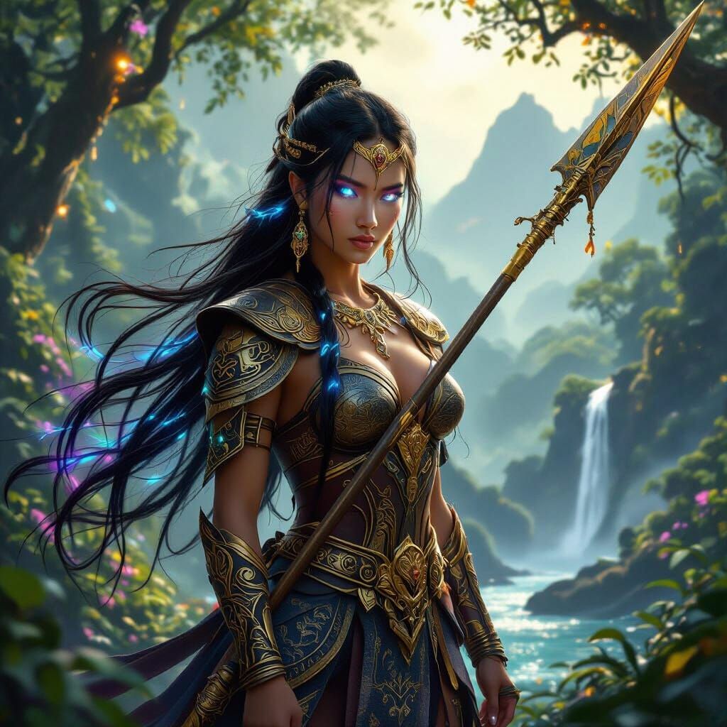 Filipina Warrior in Lush Forest with Magical Glow