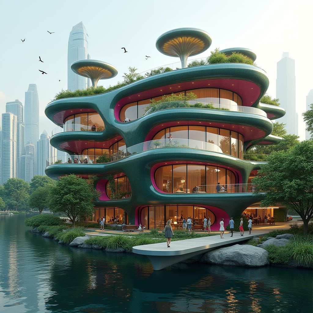 Curved Flower-Shaped Building in Cyberpunk Style