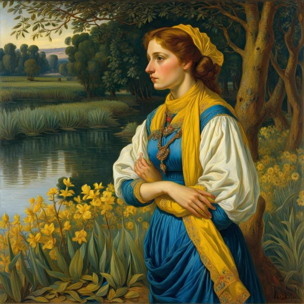 Woman in Blue Dress by Riverbank