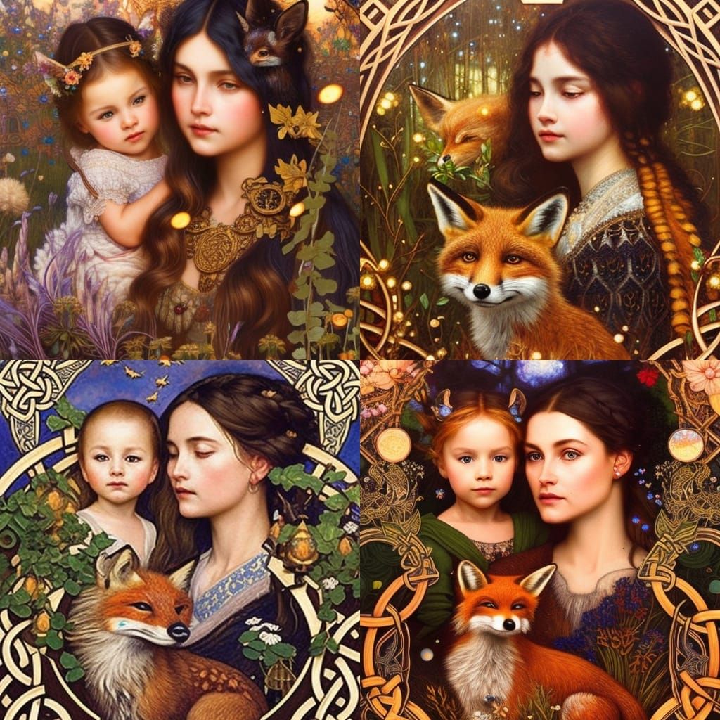 Toddler and Fox Celtic Knot Portrait in Dark Fantasy Art