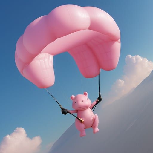 Chibi Hippopotamus Soars Through Whimsical Cloudscape