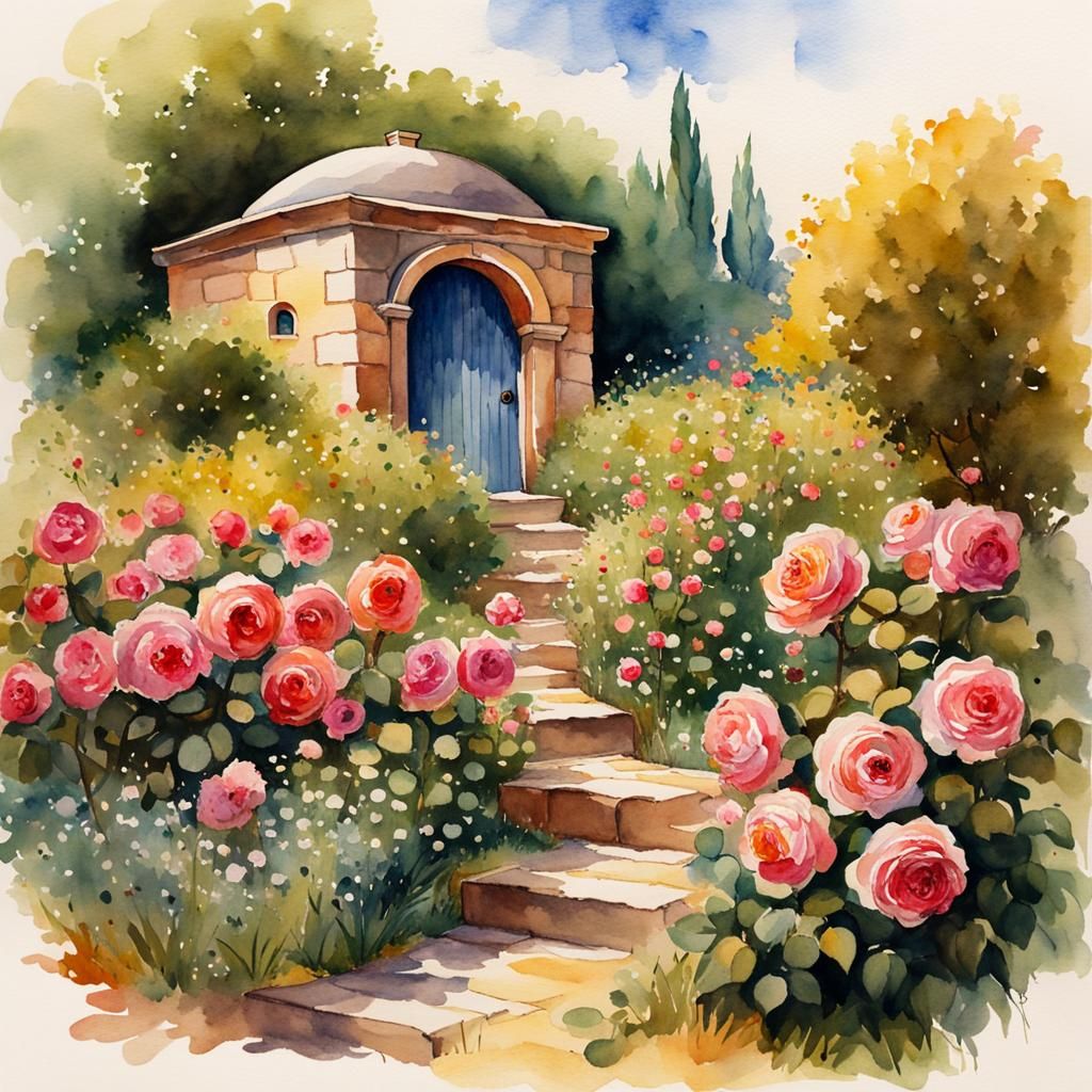 Sunlit Garden Hillside in Watercolor Illustration Style