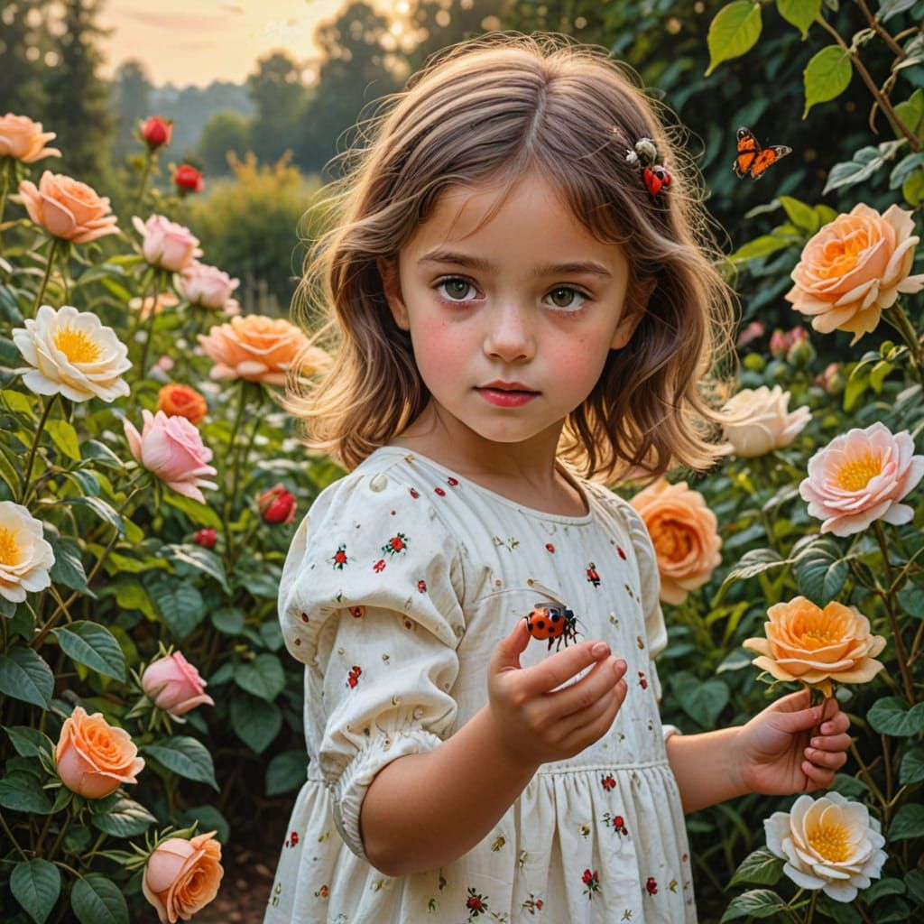 Child Gazes at Ladybird in Vibrant Oil Painting Garden