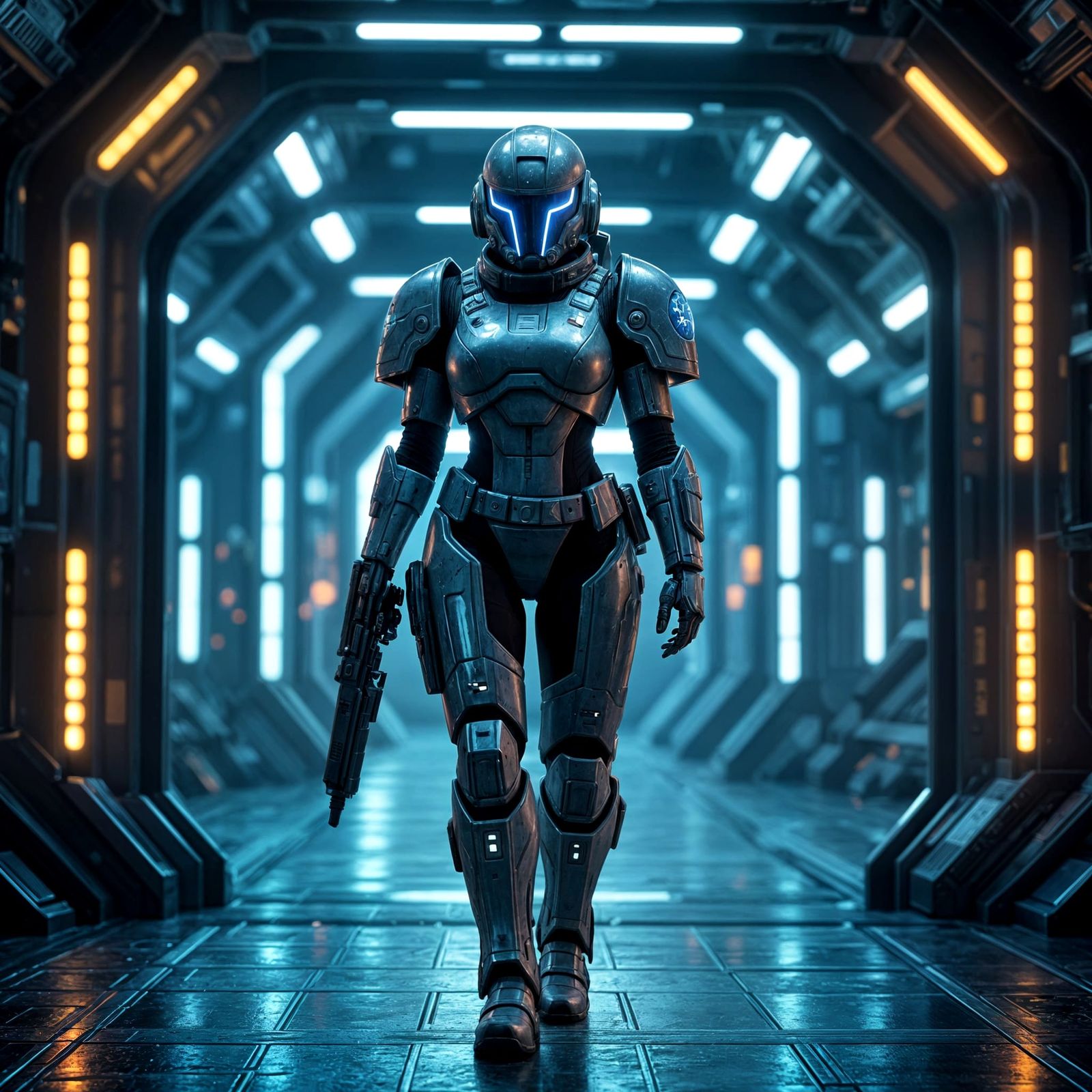 Female Space Marine Guarding Futuristic Hangar Bay