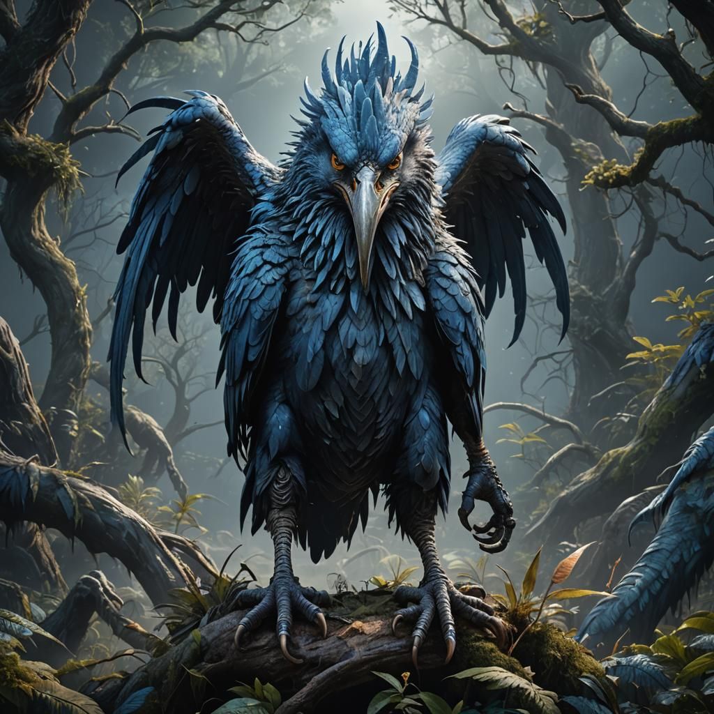 Monstrous Blue Bird Creature Portrait in Detailed Matte Styl...