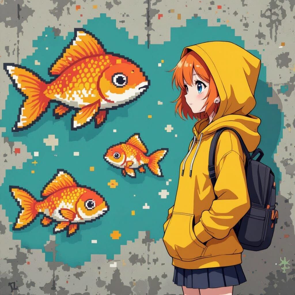 Anime Girl in Yellow Hoodie with Pixel Art Graffiti