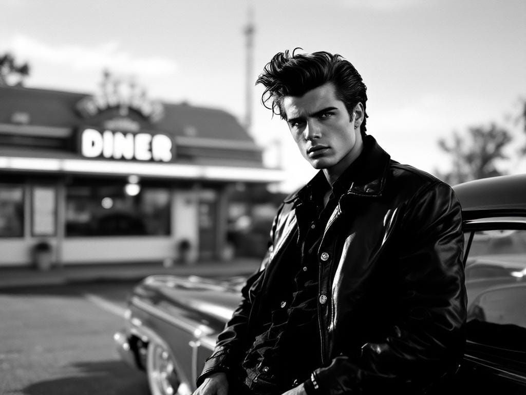 Greaser in Retro Diner Parking Lot, Noir Style