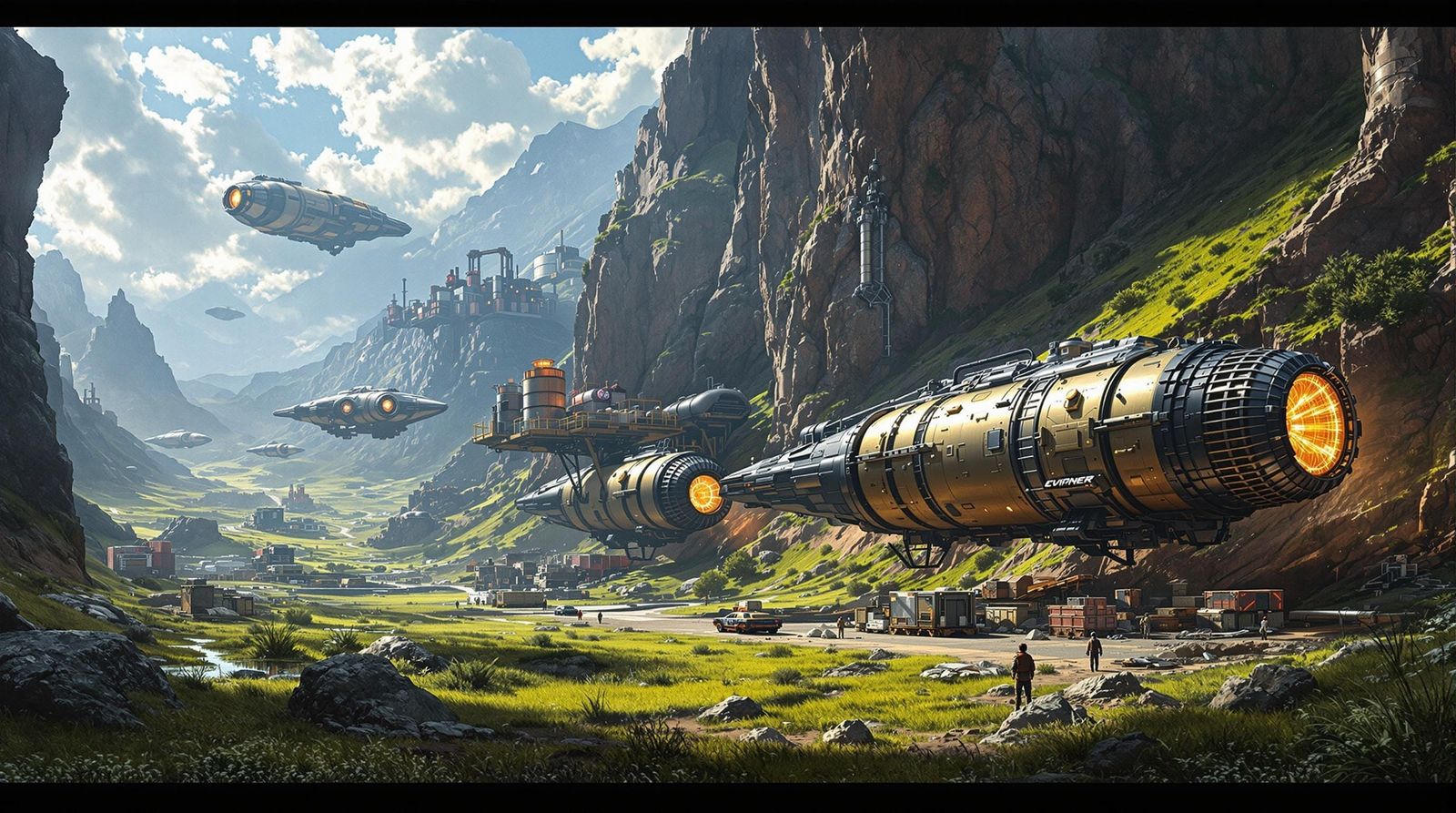 Futuristic Mining Operation on a Lush Grassland Planet