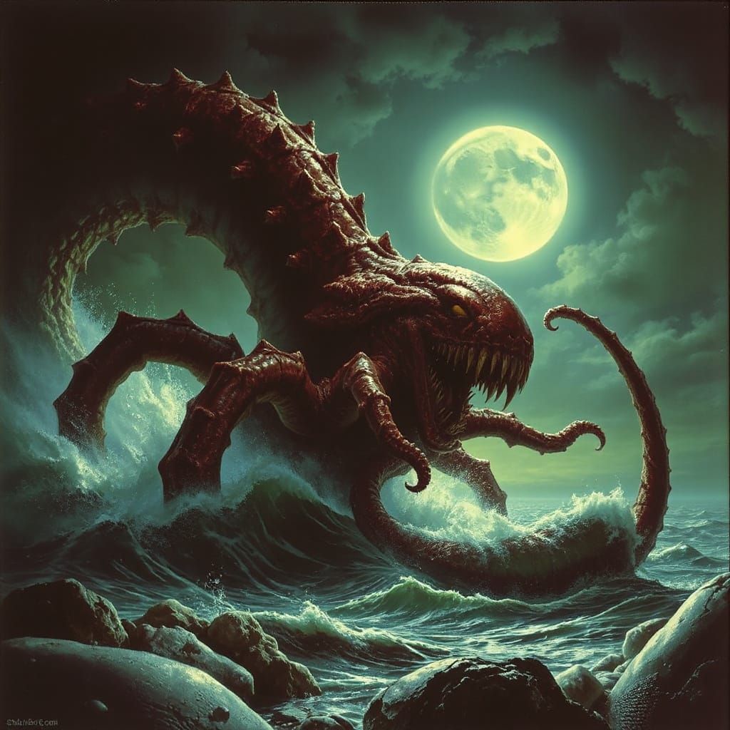 Kraken Emerges from Devil's Sea Under Green Moon