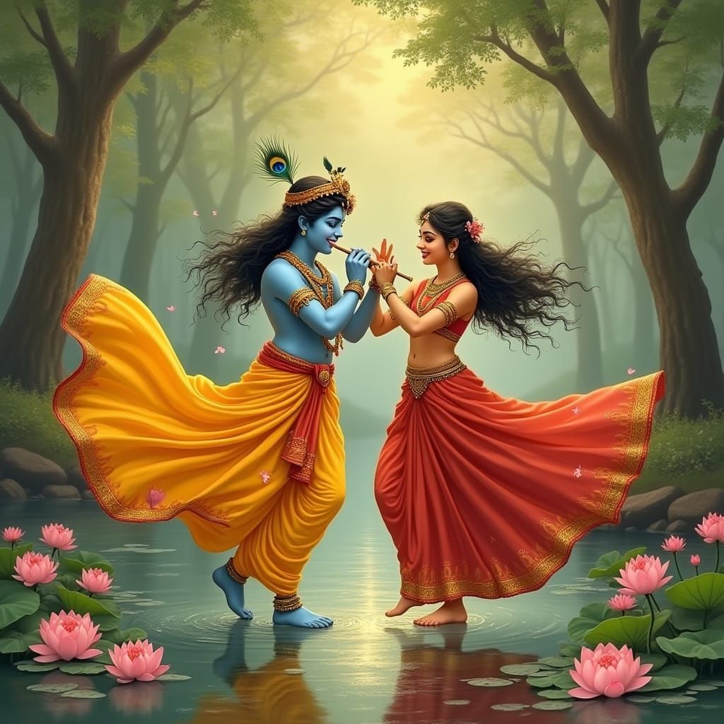 Radha and Krishna's Joyful Riverside Dance