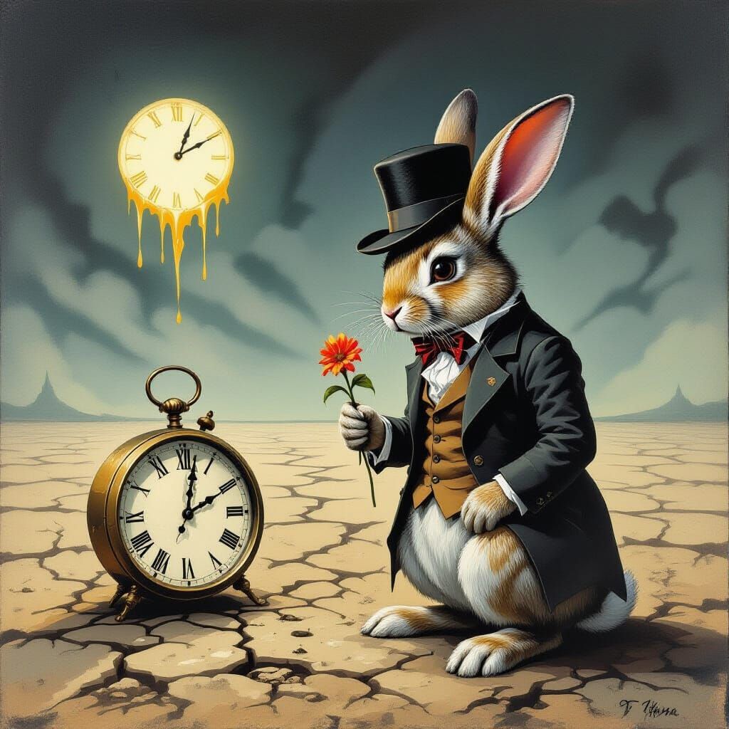 Melancholic Rabbit Contemplates Melting Clock in Expressioni...
