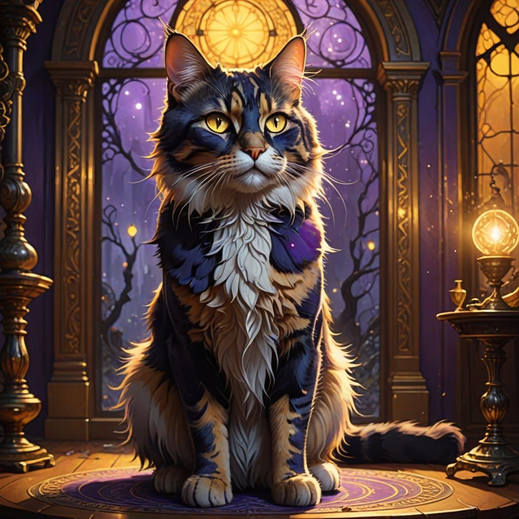 Calico Wizard Cat in Victorian Study - Hyperrealistic Fantas...