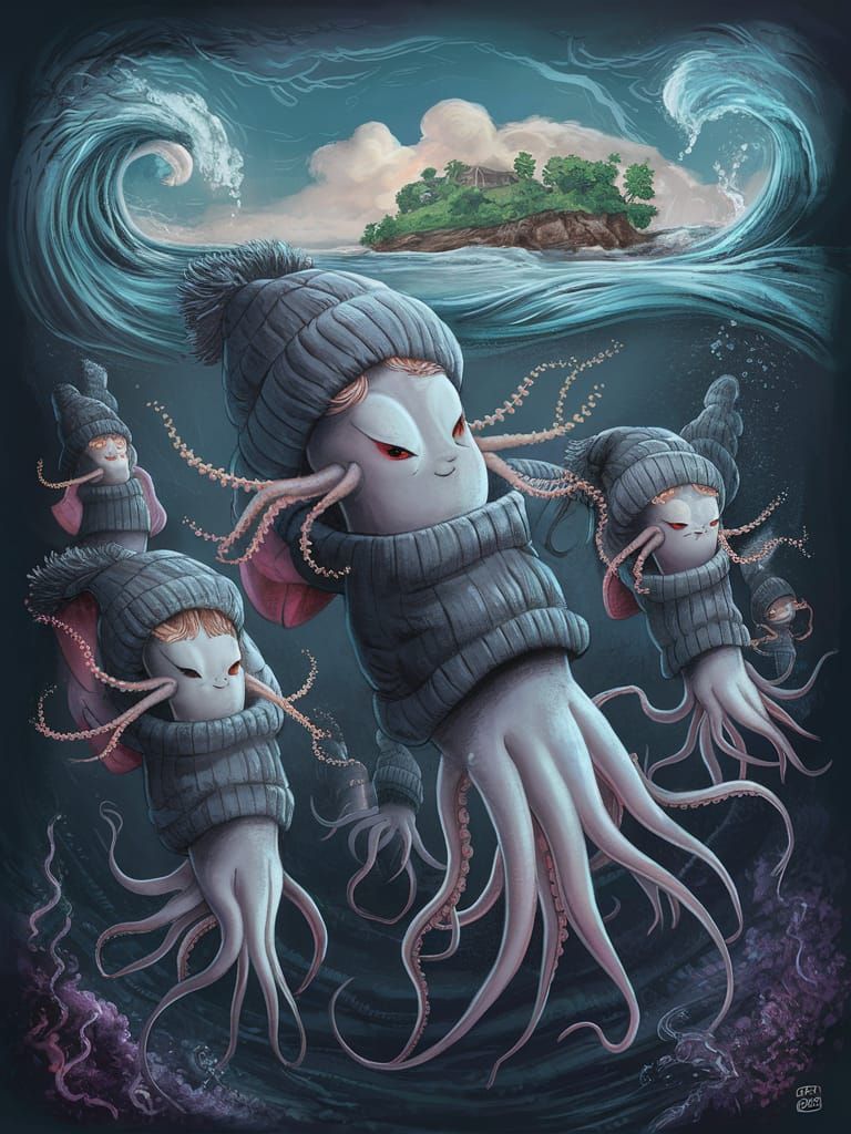 Whimsical Vampire Squids Frolicking Beneath Island