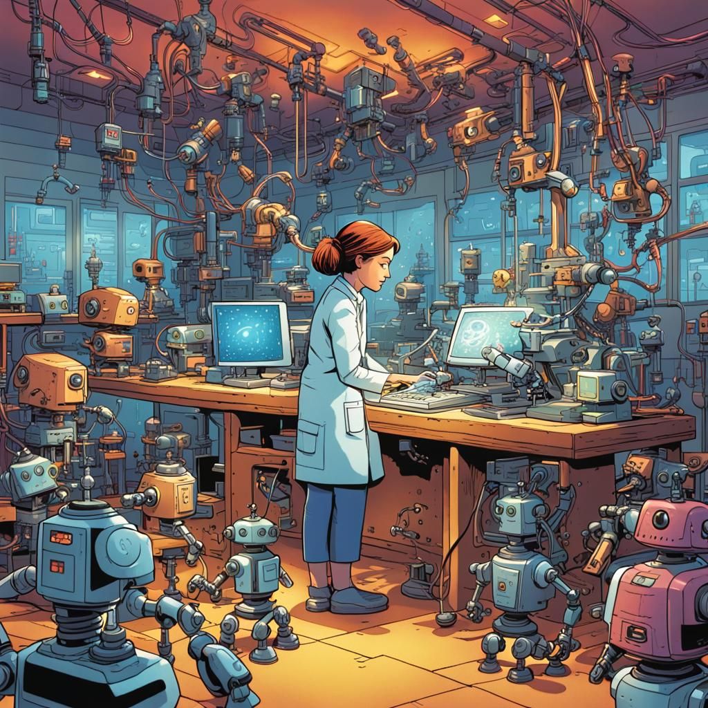 Confused Scientist Surrounded by Robots in Comic Art