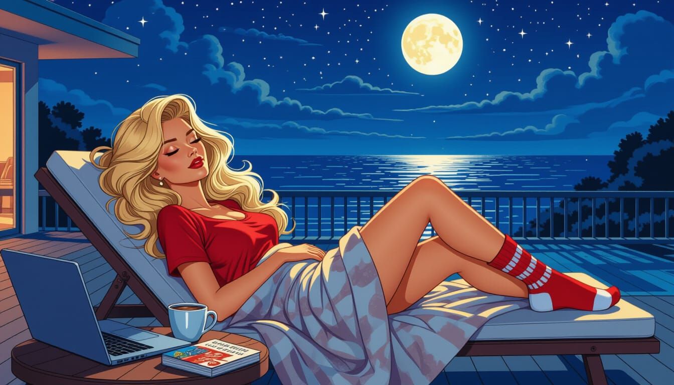 Blonde Woman Asleep Under Full Moon: Comic Art Style