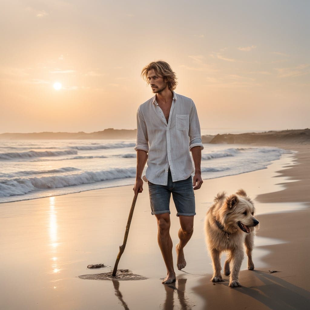 Young Man Drifts Along Serene Beach at Sunset, Tousled Blond...