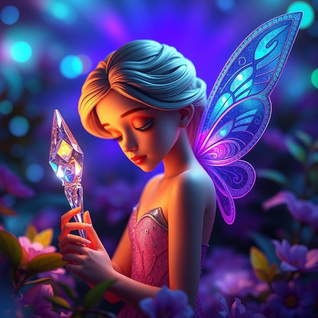 Iridescent Fairy in Violet Garden: 3D Rendered Art