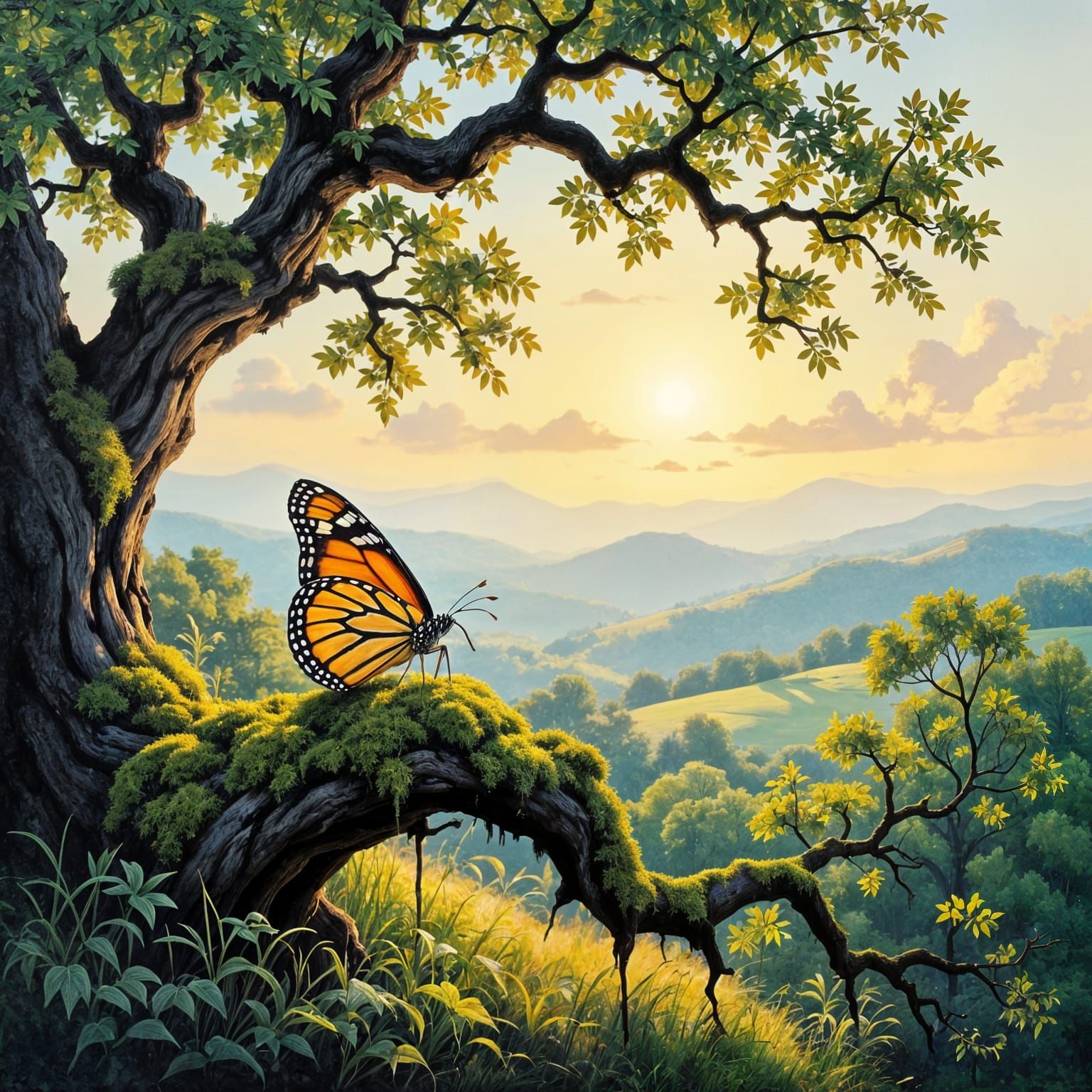 Whimsical Monarch Butterfly Oil Painting at Golden Hour