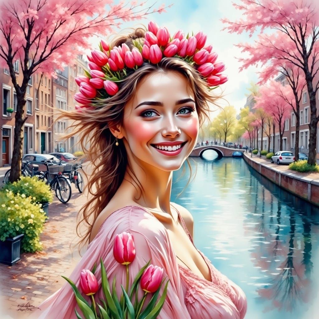 Woman with Tulips on Cobblestone Street: Watercolor Painting