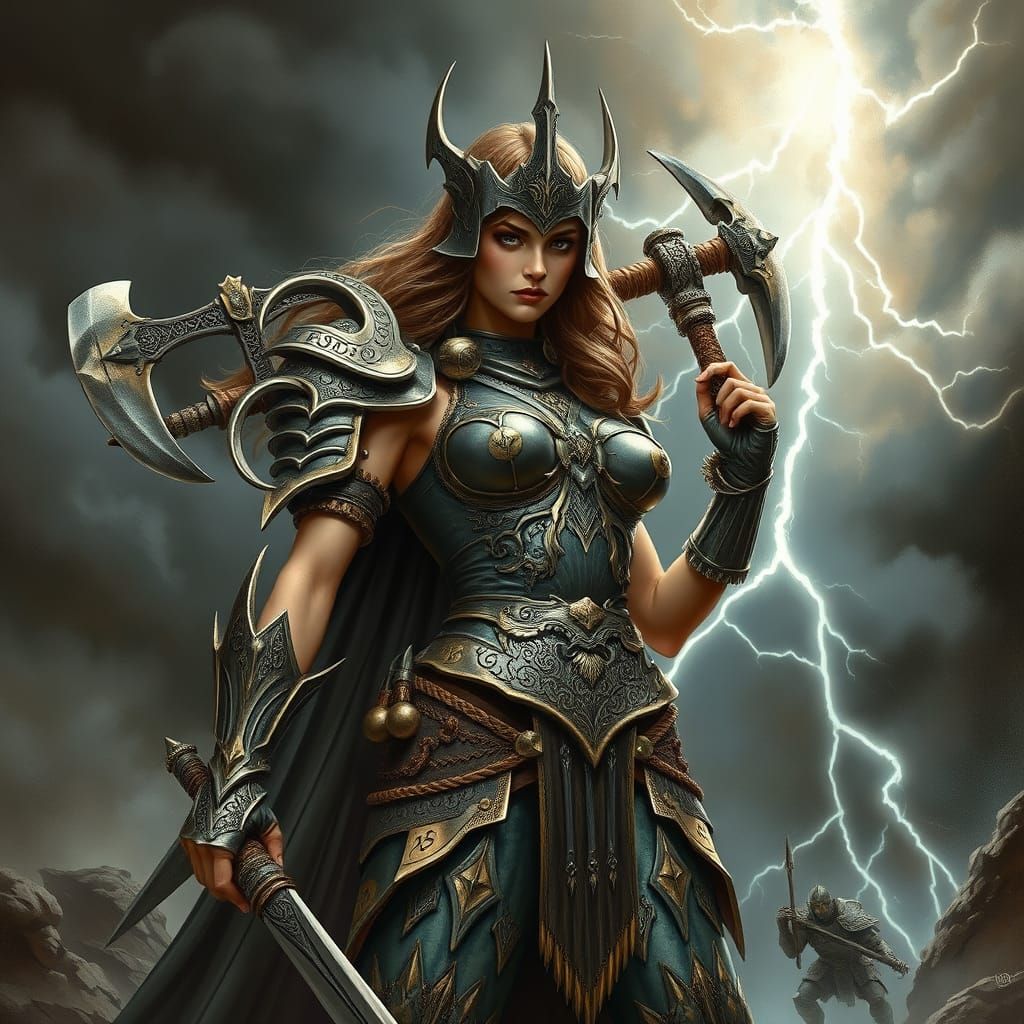 Cyberpunk Warrior Queen in Stormy Landscape