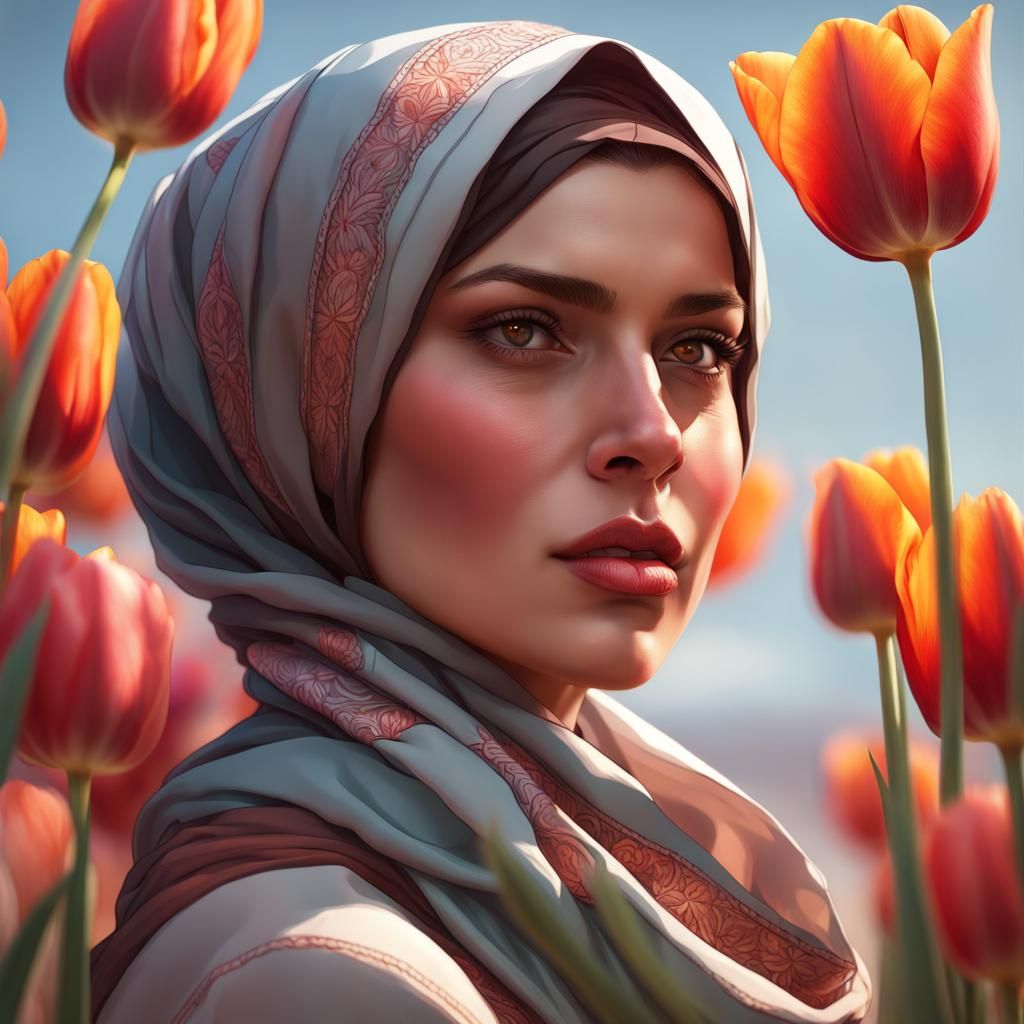 Turkish Woman with Tulips: Hyperdetailed Art Portrait