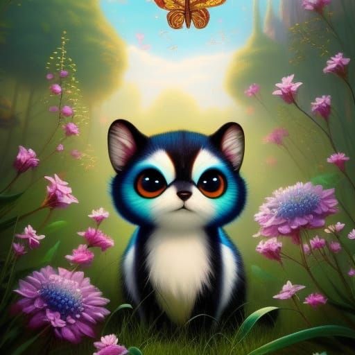 Cute Creature with Butterflies in Fantasy Landscape